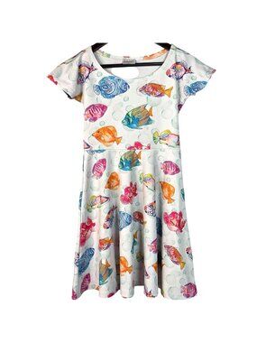 COW COW Girl's White Ocean Fish Beach Print Short Sleeve Skater Dress Size Small